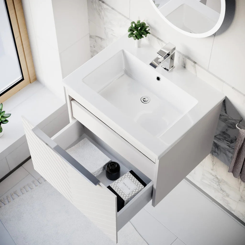 Roxy 600mm Wall Hung Pink Drawers Basin Vanity Chrome Handle