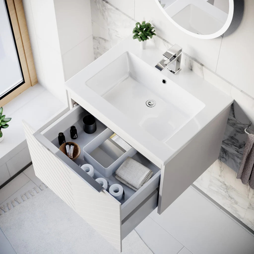 Roxy 600mm Wall Hung Pink Drawers Basin Vanity Chrome Handle