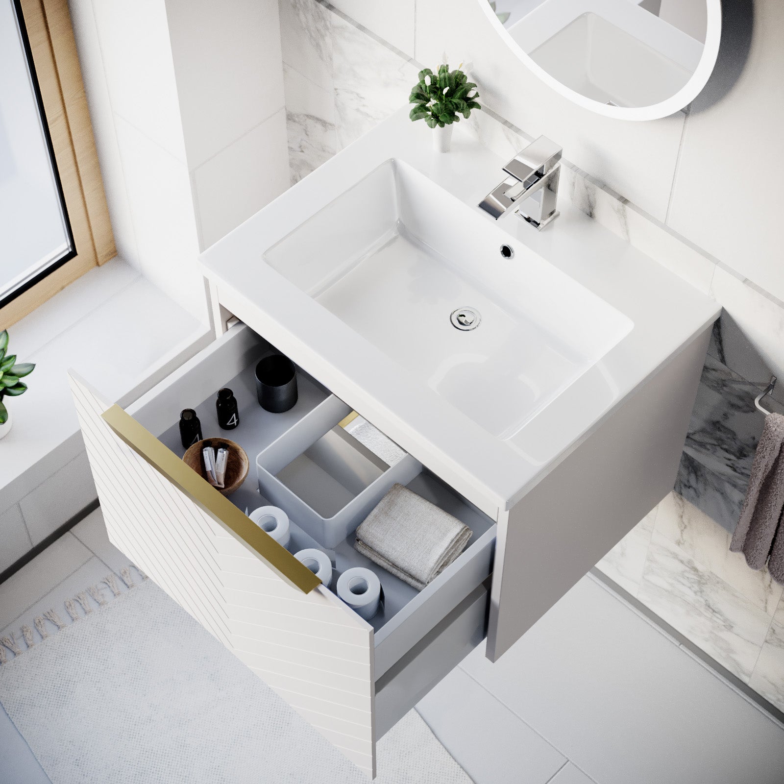 Roxy 600mm Wall Hung Pink Drawers Basin Vanity Brushed Brass Handle