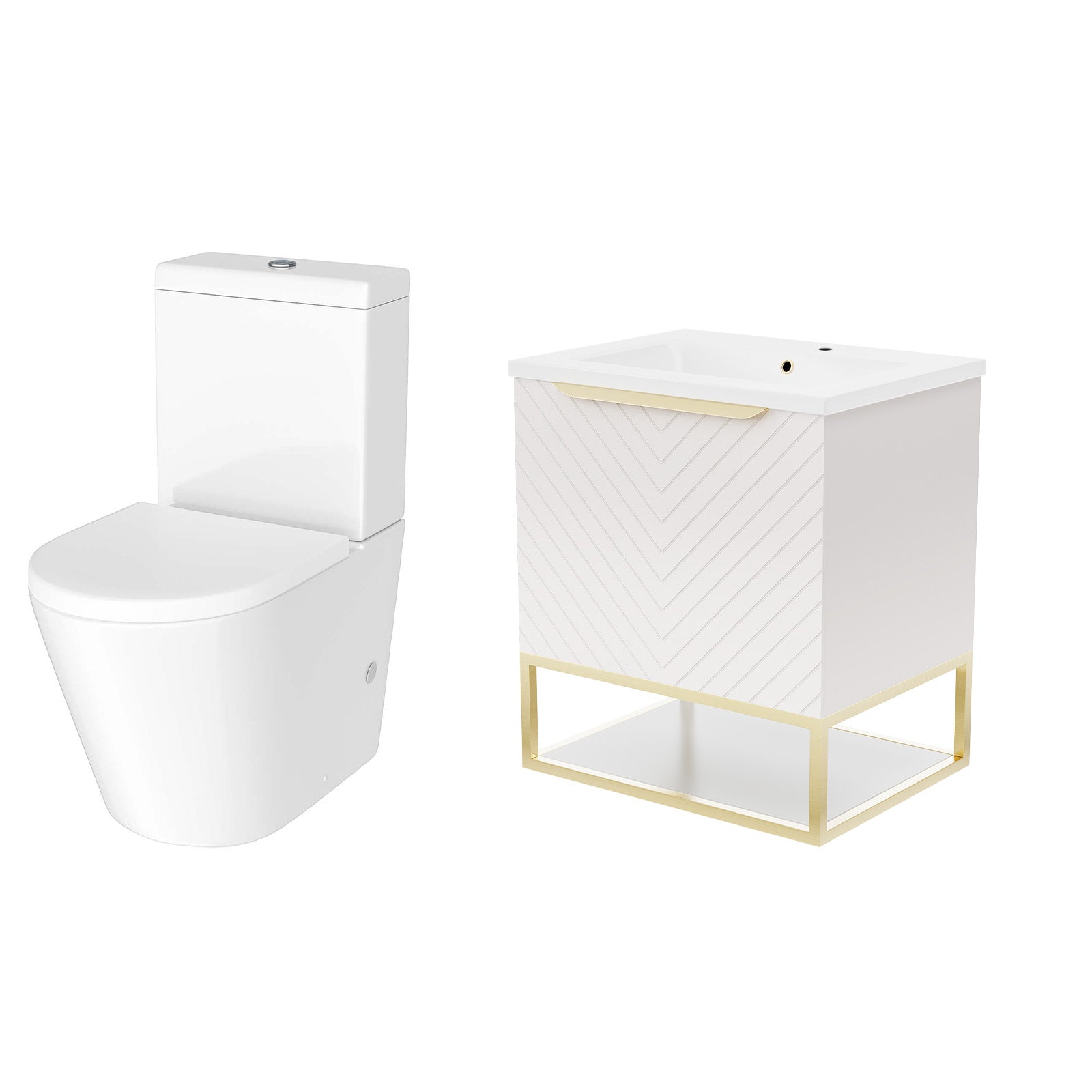 Roxy Pink 600mm Wall Hung Basin Vanity Brushed Brass Frame Handle & Closed Coupled Toilet