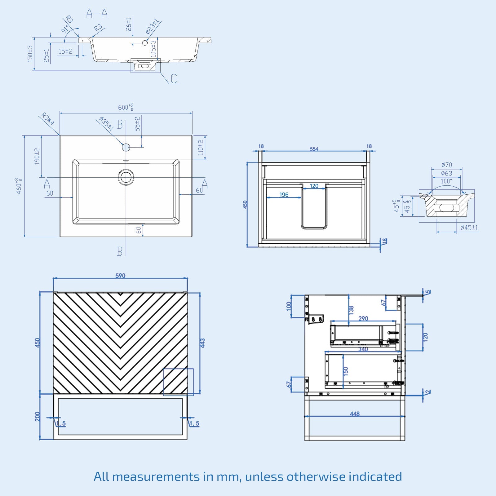 Roxy Blue 600mm Basin Vanity, Brushed Brass Quadrant Shower & Toilet
