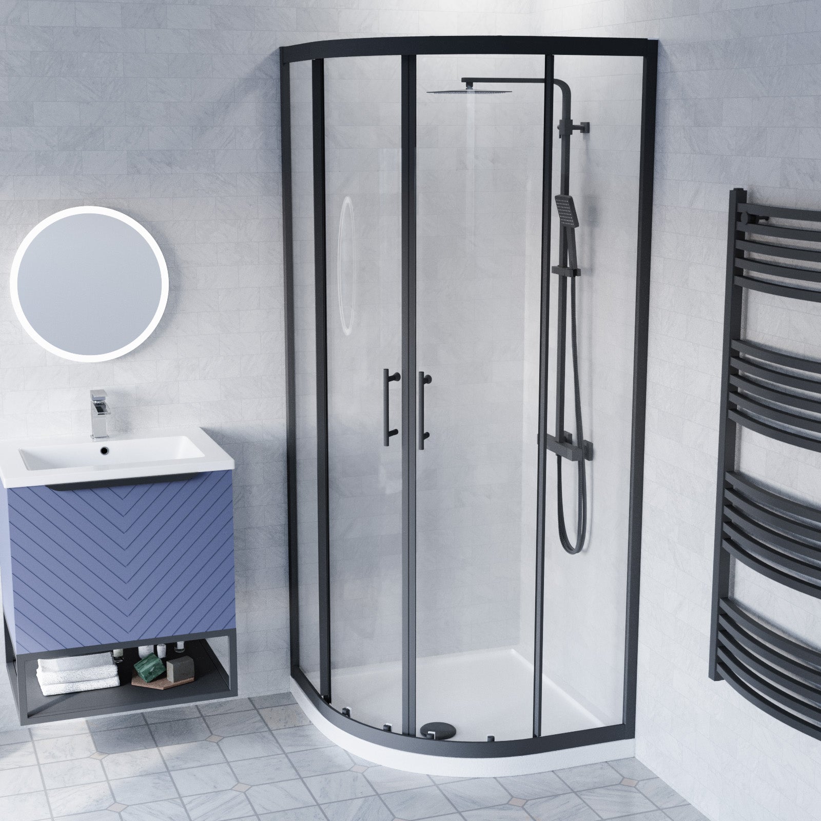 Roxy 600mm Basin Vanity With Black Quadrant Shower Enclosure & Toilet