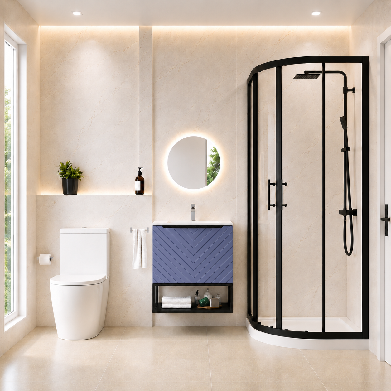 Roxy Blue 600mm Basin Vanity With Black Quadrant Shower Enclosure & Toilet