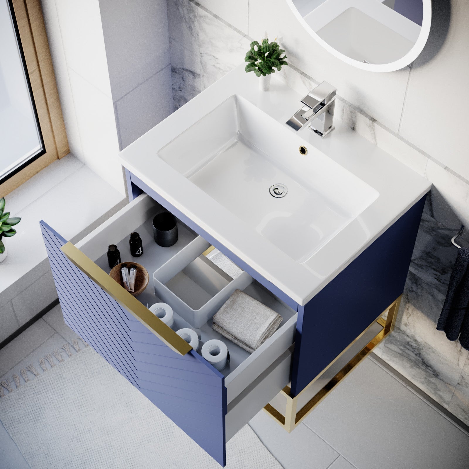 Roxy Blue 800mm Basin Vanity, Brushed Brass Quadrant Shower & Toilet