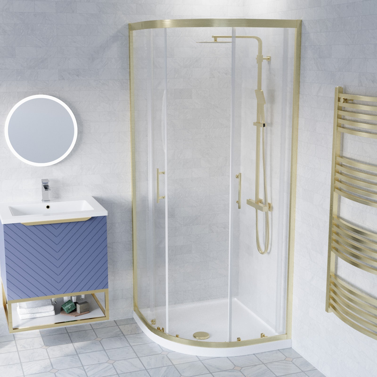 Roxy Blue 600mm Basin Vanity, Brushed Brass Quadrant Shower & Toilet