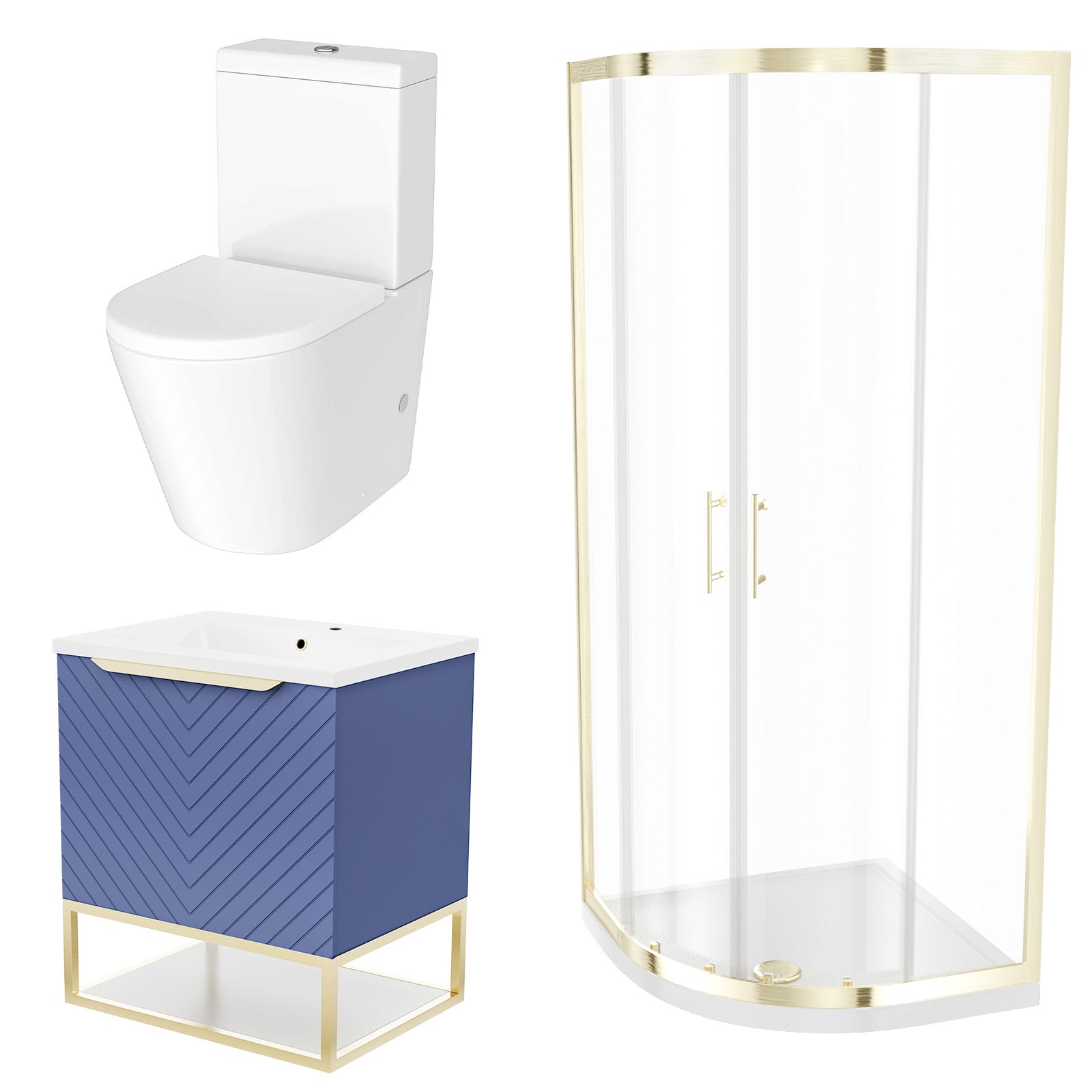 Roxy Blue 800mm Basin Vanity, Brushed Brass Quadrant Shower & Toilet