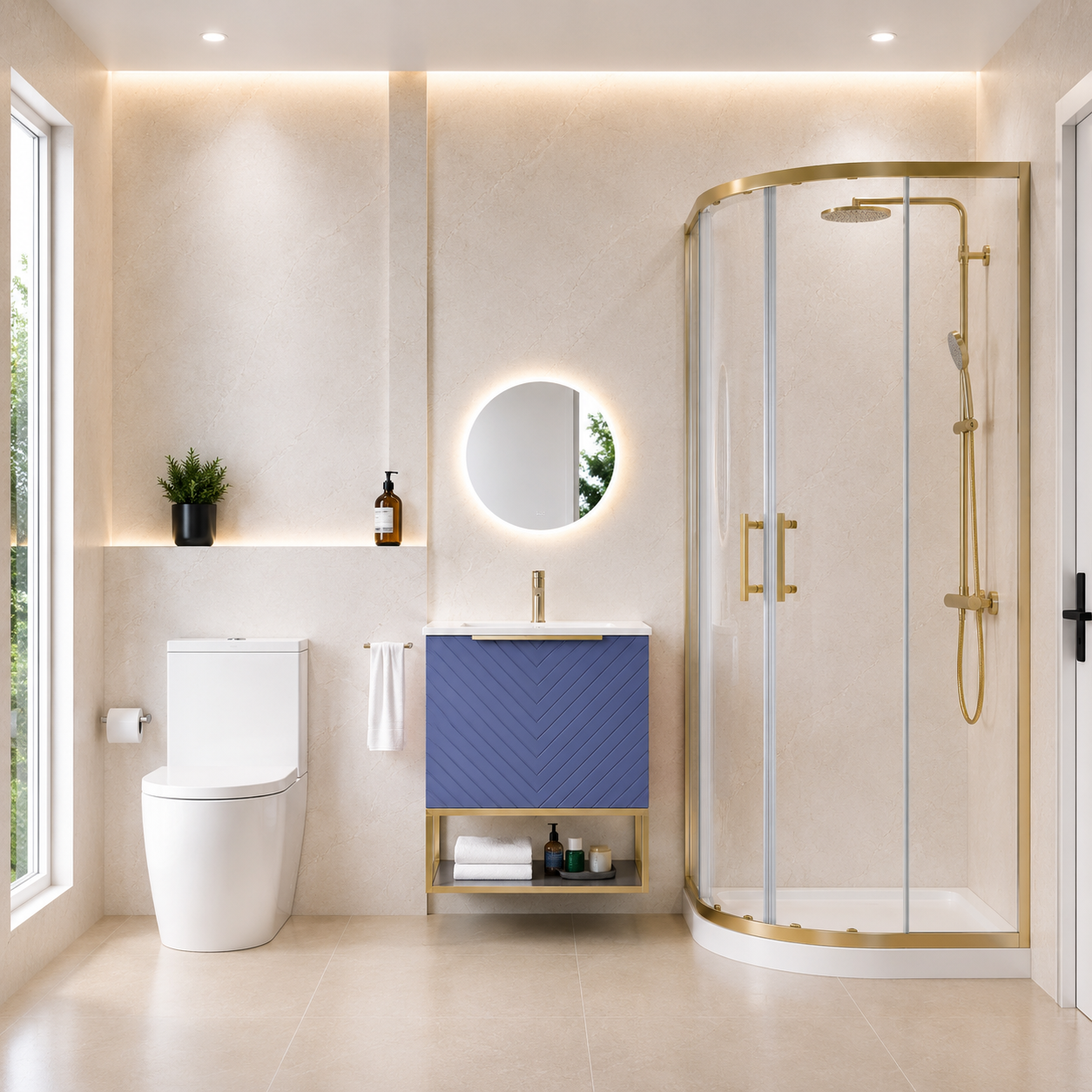 Roxy Blue 600mm Basin Vanity, Brushed Brass Quadrant Shower & Toilet