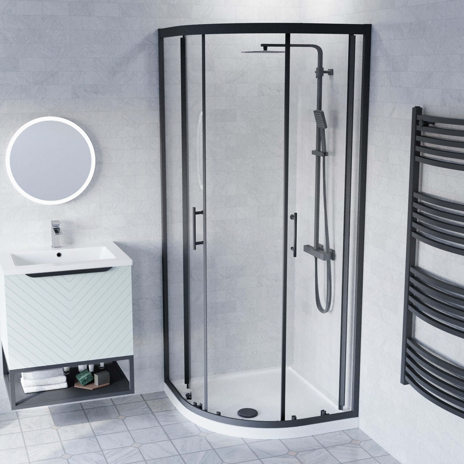Roxy 600mm Basin Vanity With Black Quadrant Shower Enclosure & Toilet