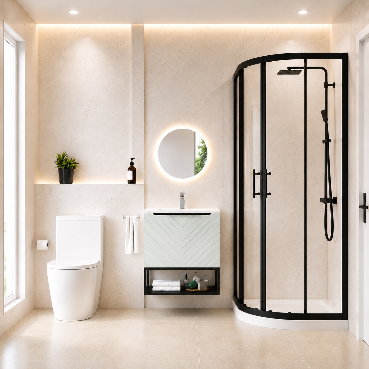 Roxy Green 600mm Basin Vanity With Black Quadrant Shower Enclosure & Toilet