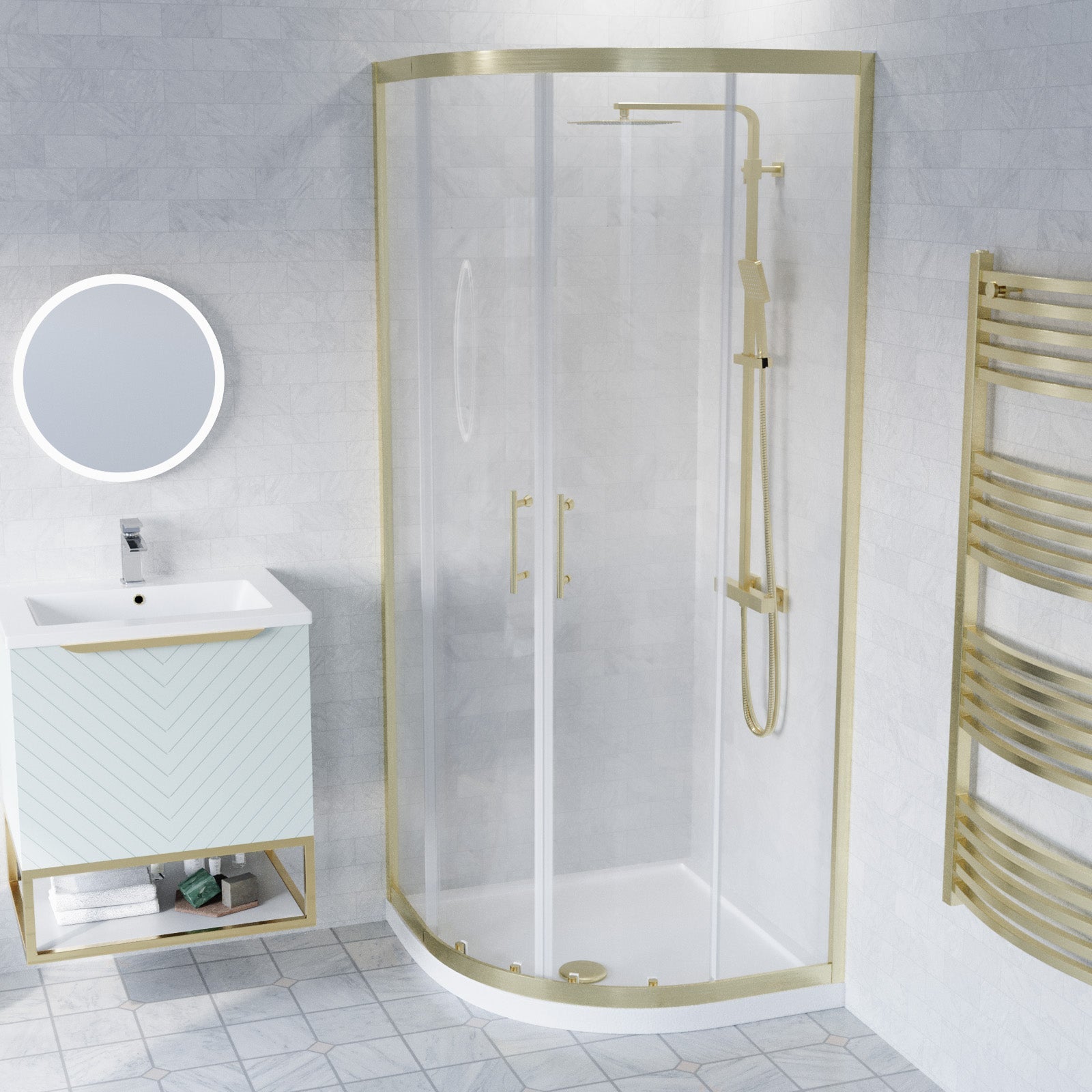 Roxy Green 600mm Basin Vanity, Brushed Brass Quadrant Shower & Toilet
