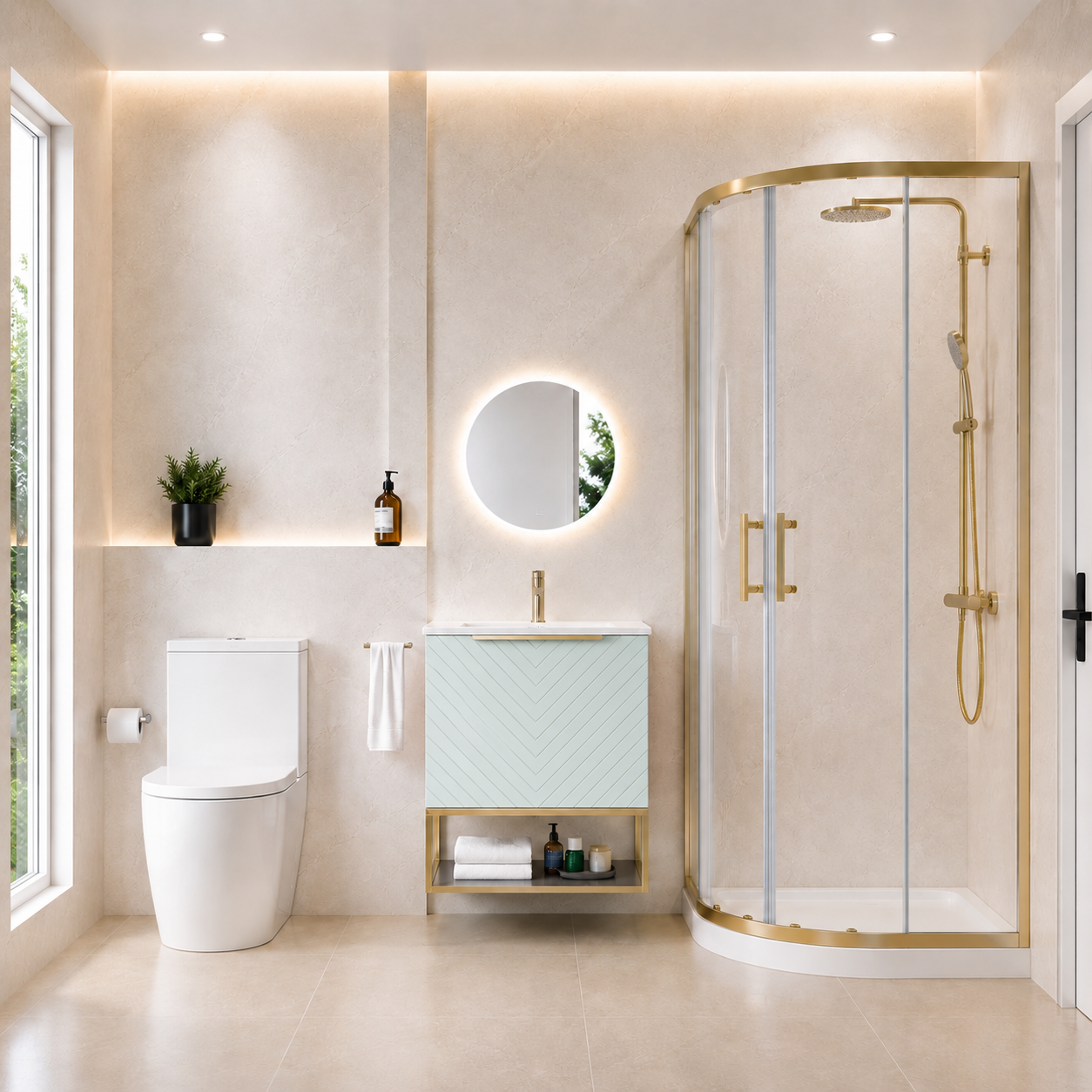 Roxy Green 600mm Basin Vanity, Brushed Brass Quadrant Shower & Toilet