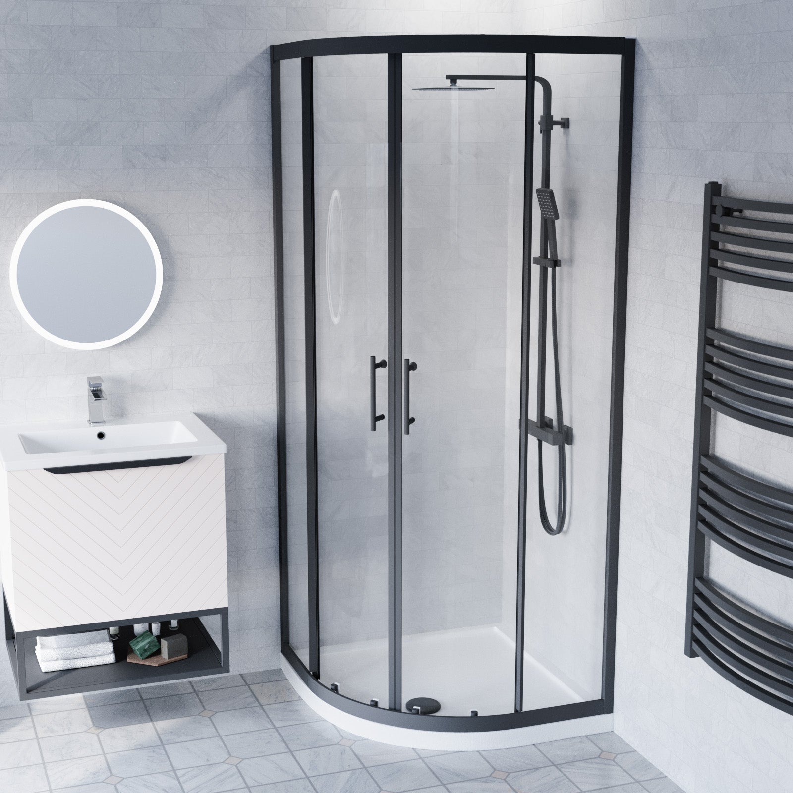 Roxy Pink 600mm Basin Vanity With Black Quadrant Shower Enclosure & Toilet