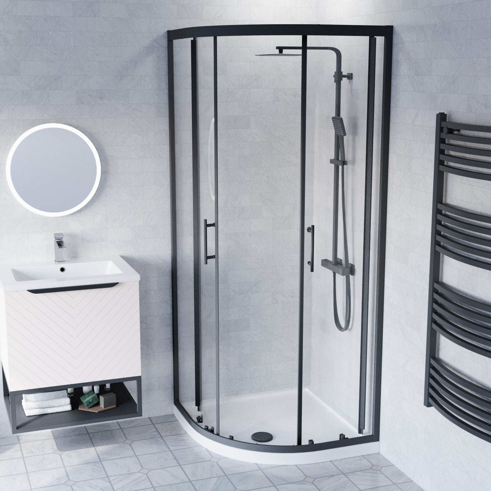 Roxy Pink 600mm Basin Vanity With Black Quadrant Shower Enclosure & Toilet