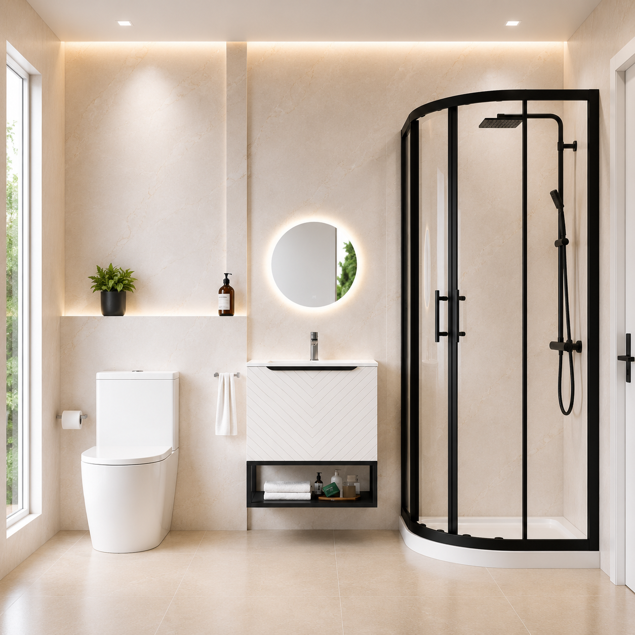 Roxy Pink 600mm Basin Vanity With Black Quadrant Shower Enclosure & Toilet