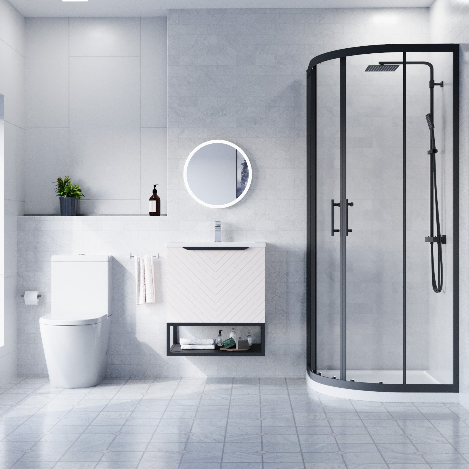 Roxy Pink 600mm Basin Vanity With Black Quadrant Shower Enclosure & Toilet