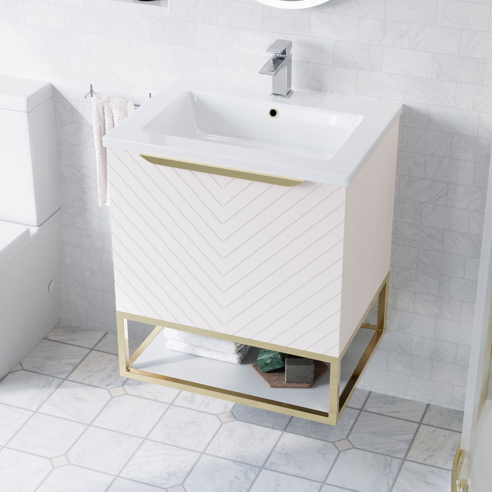 Roxy Pink 600mm Basin Vanity, Brushed Brass Quadrant Shower & Toilet