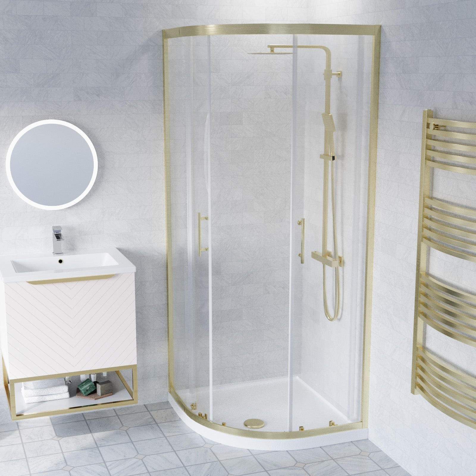 Roxy Pink 600mm Basin Vanity, Brushed Brass Quadrant Shower & Toilet