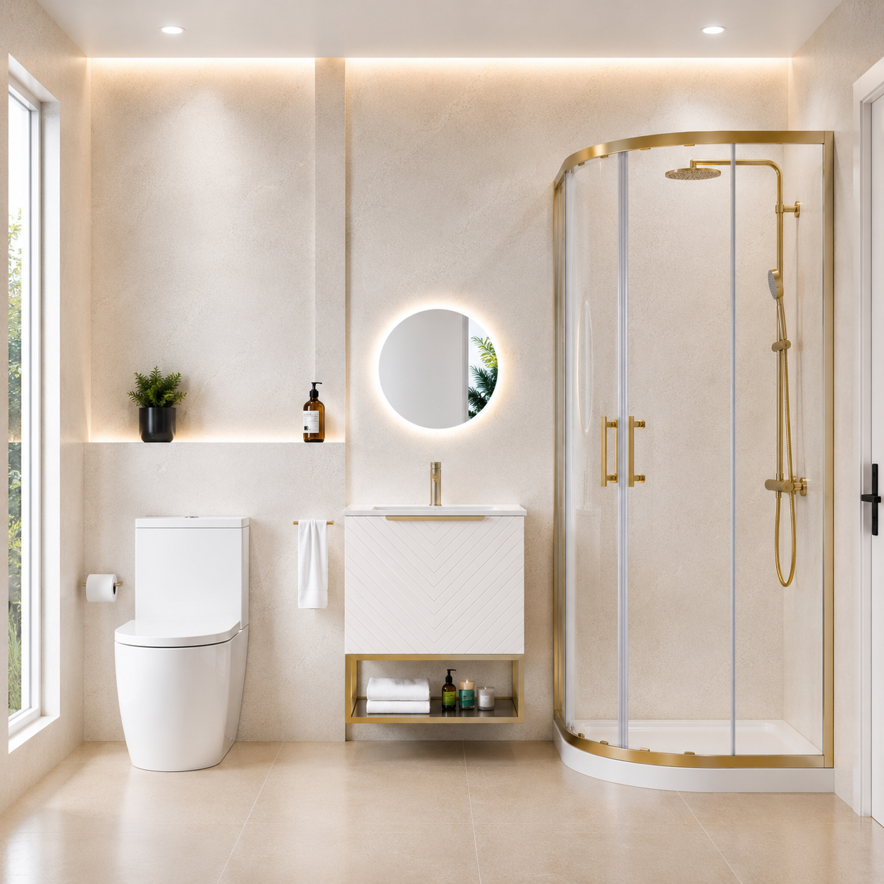 Roxy Pink 600mm Basin Vanity, Brushed Brass Quadrant Shower & Toilet