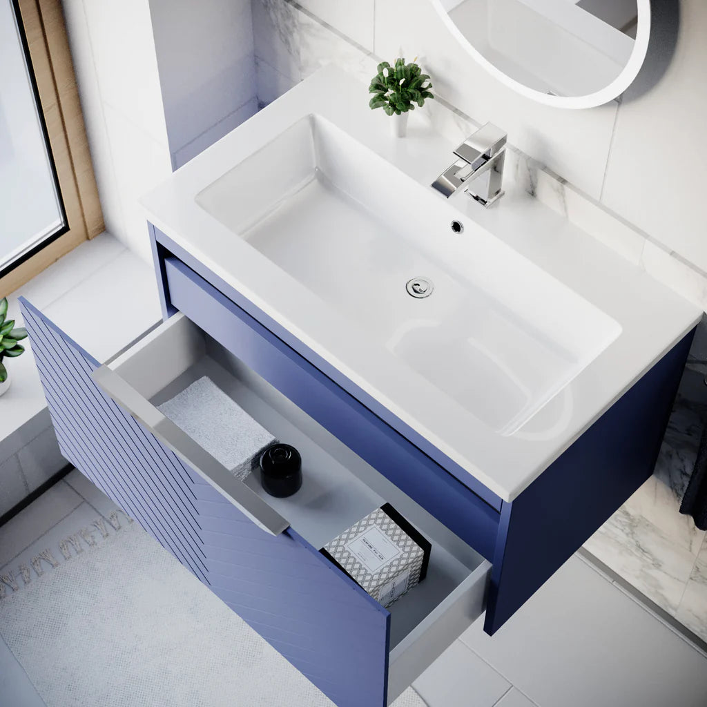 Roxy 800mm Wall Hung Blue Drawers Basin Vanity Chrome Handle