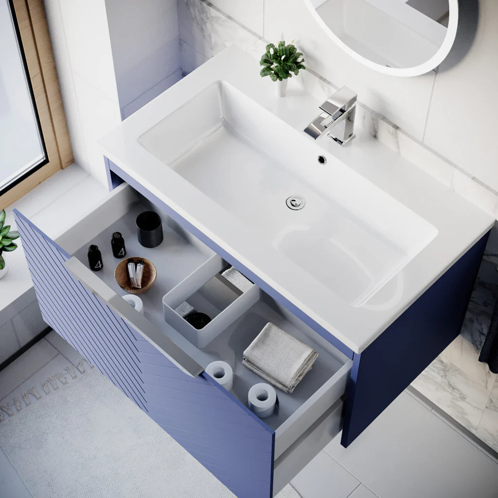 Roxy 800mm Wall Hung Blue Drawers Basin Vanity Chrome Handle