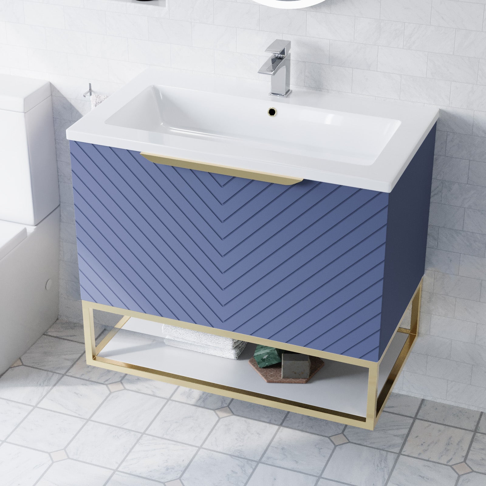 Roxy Blue 800mm Basin Vanity With Brushed Brass Frame & Close Coupled Toilet