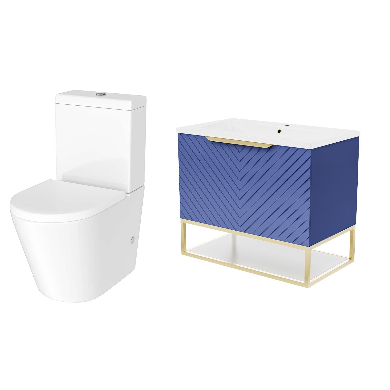 Roxy Blue 800mm Basin Vanity With Brushed Brass Frame & Close Coupled Toilet