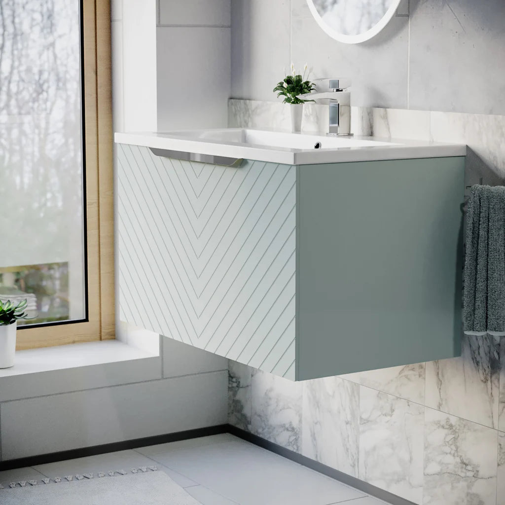 Roxy 800mm Wall Hung Green Drawers Basin Vanity Chrome Handle