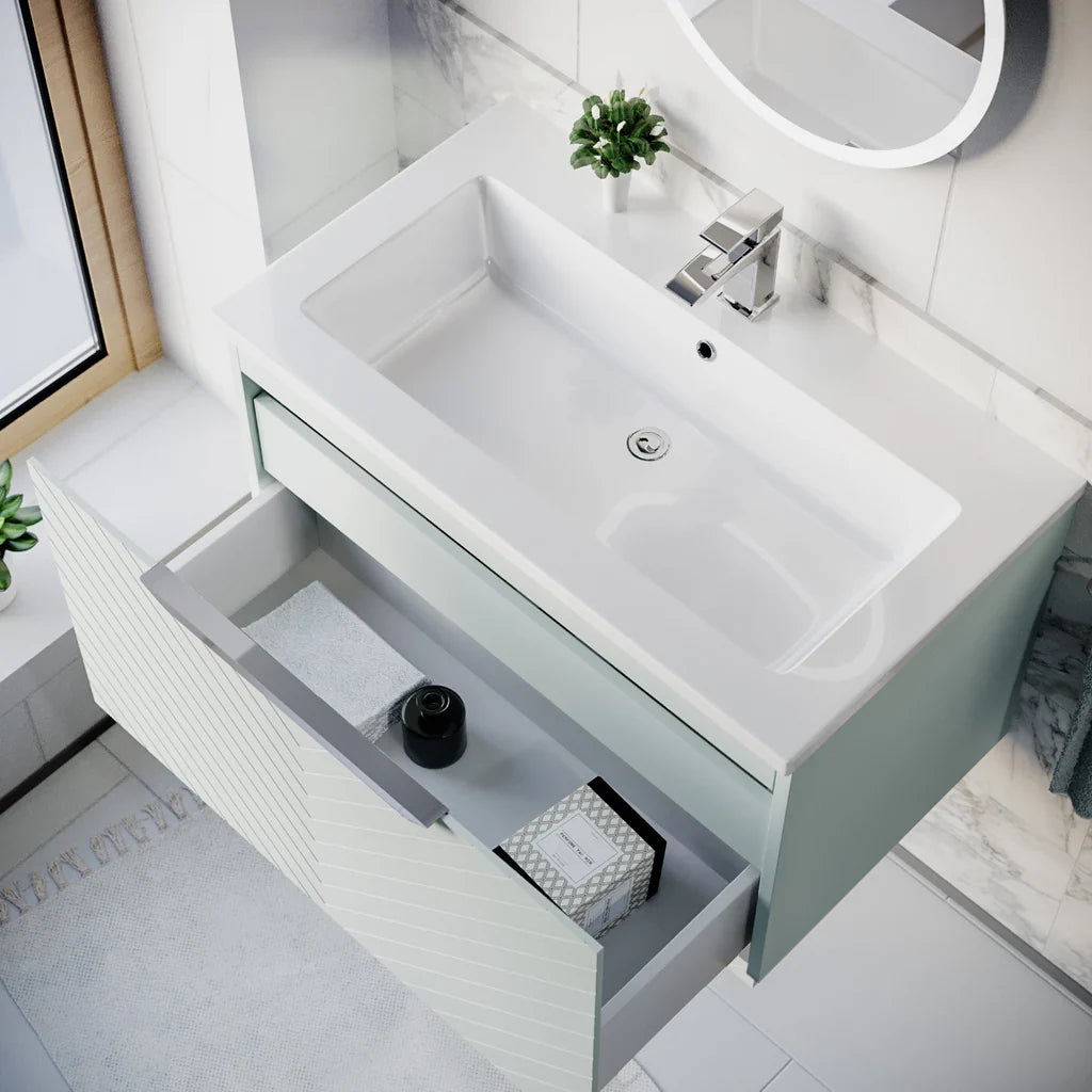 Roxy 800mm Wall Hung Green Drawers Basin Vanity Chrome Handle