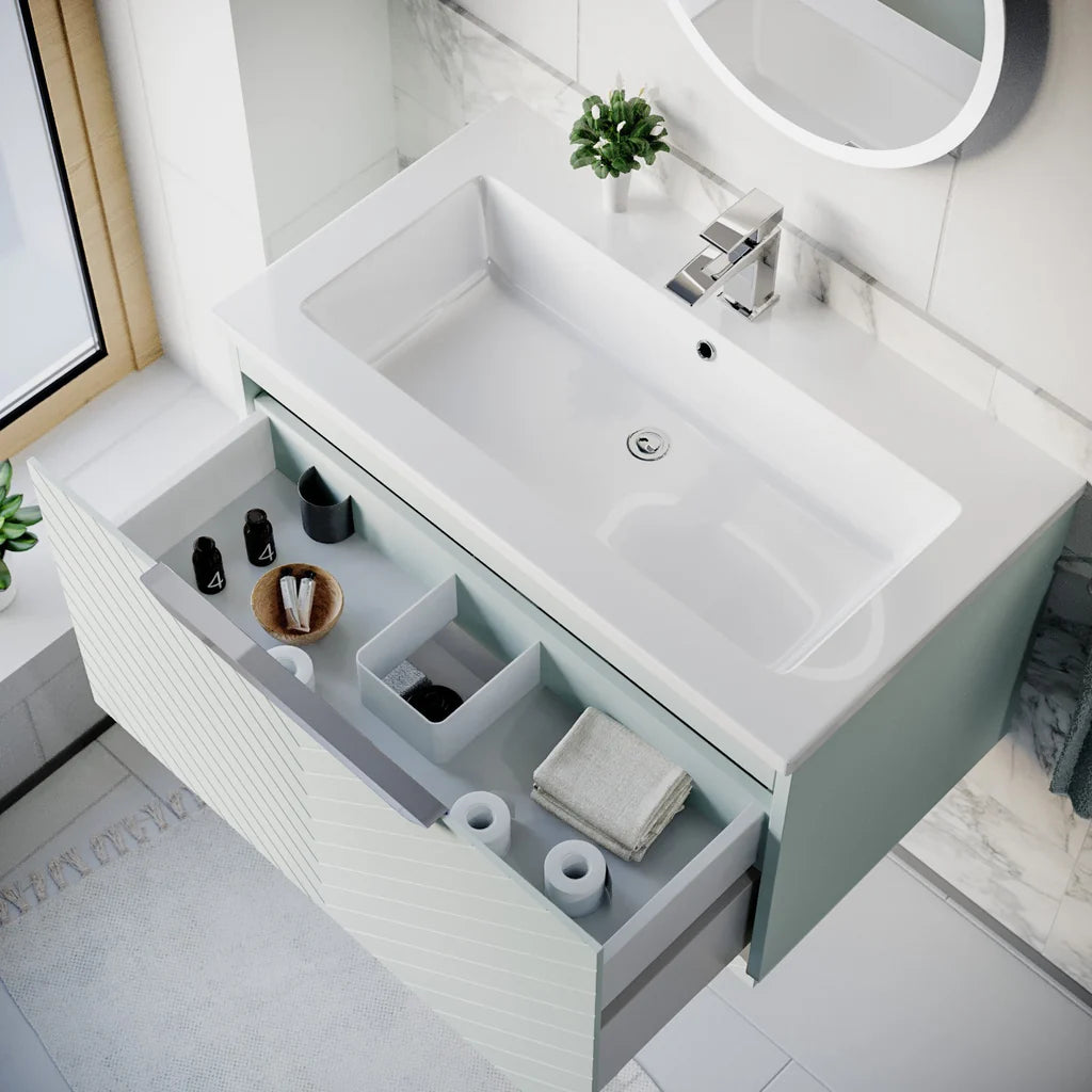 Roxy 800mm Wall Hung Green Drawers Basin Vanity Chrome Handle