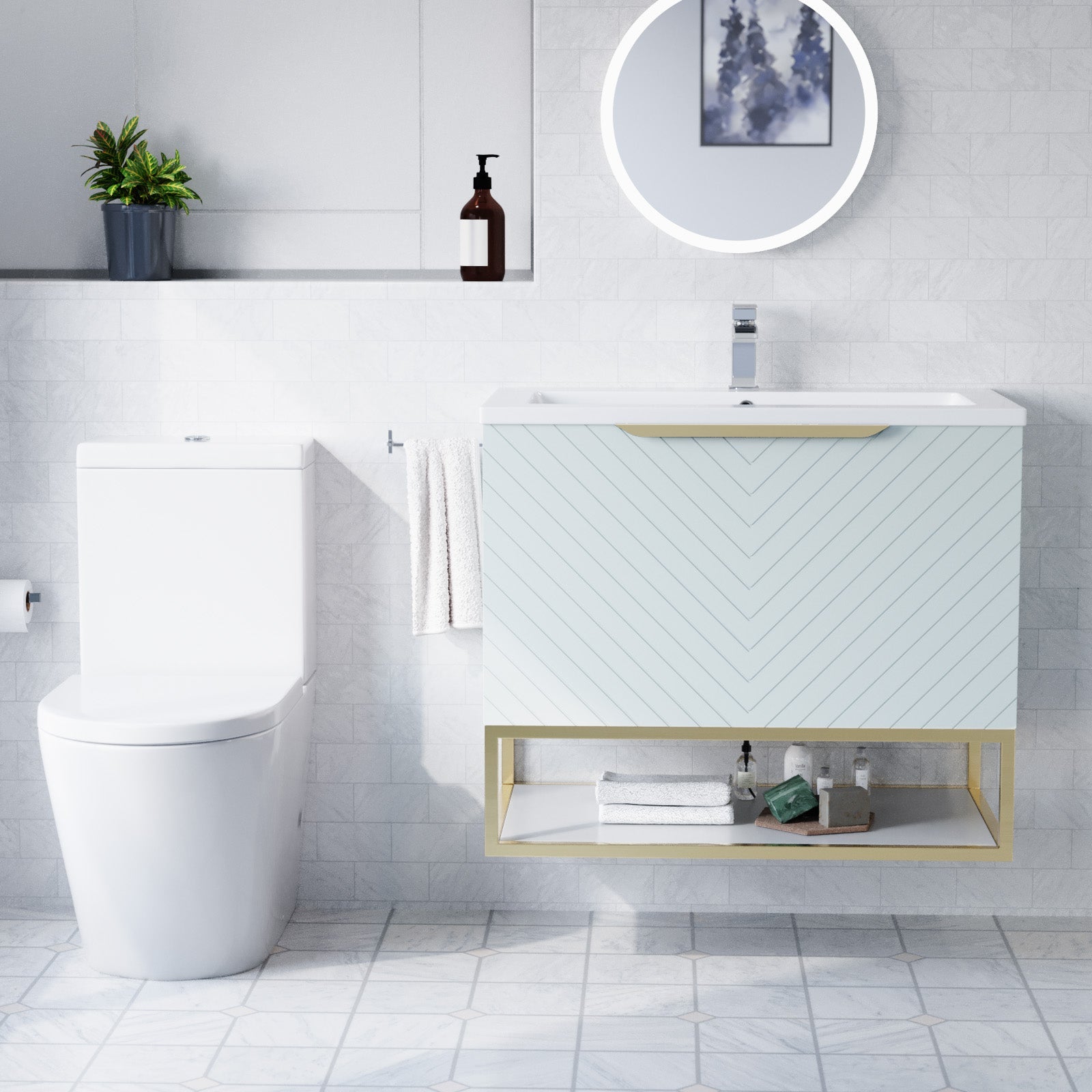 Roxy Green 800mm Basin Vanity Brushed Brass Frame & Close Coupled Toilet