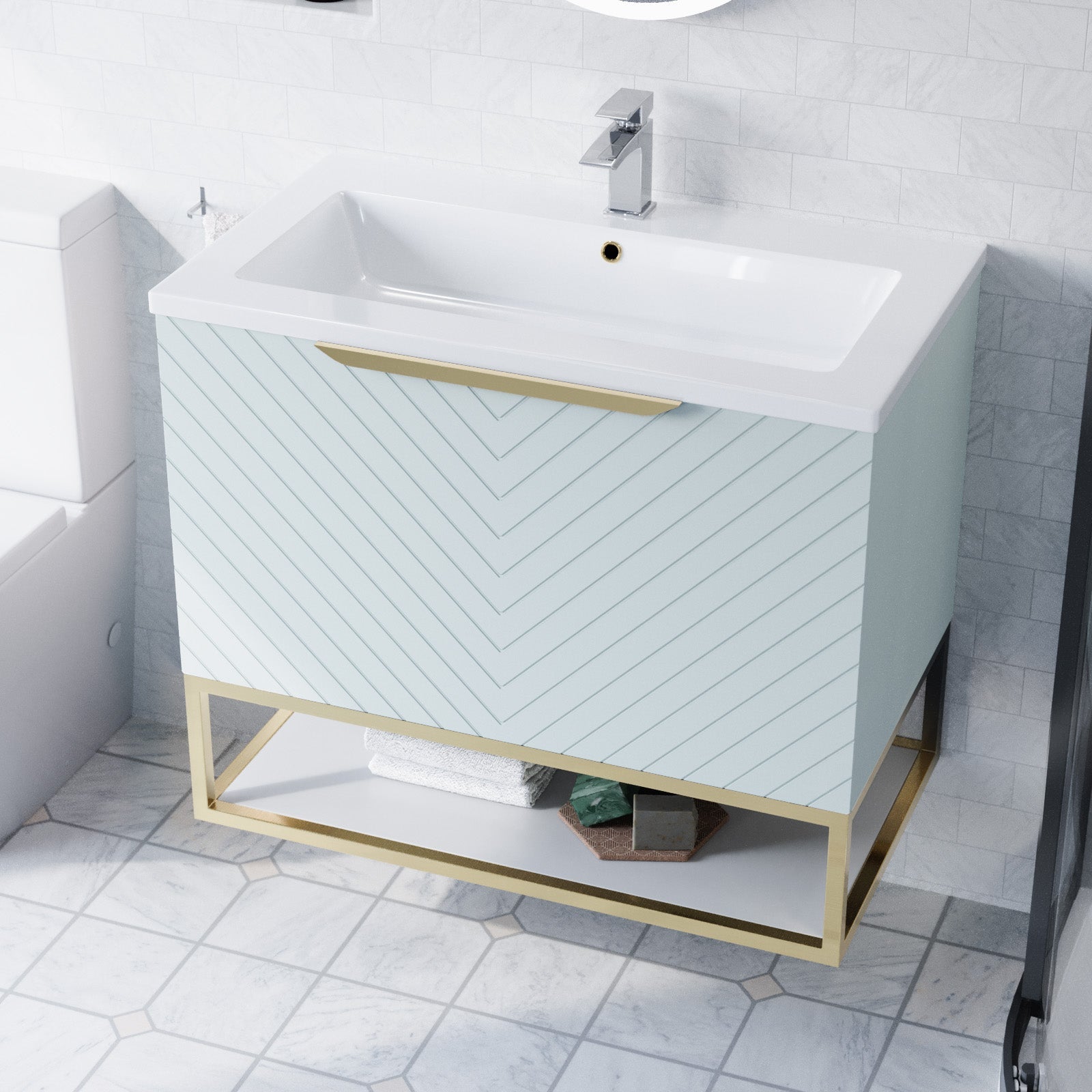Roxy Green 800mm Basin Vanity Brushed Brass Frame & Close Coupled Toilet