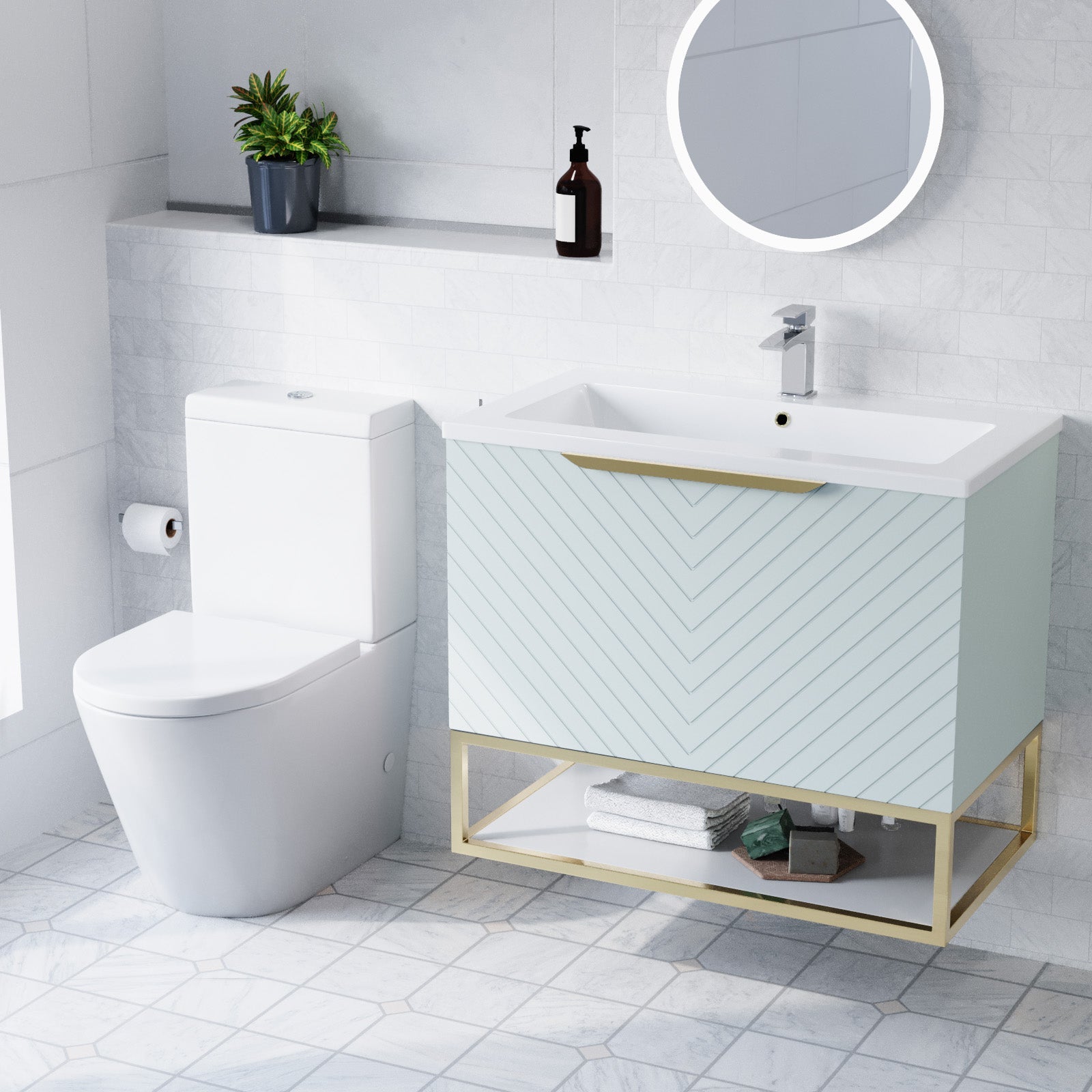Roxy Green 800mm Basin Vanity Brushed Brass Frame & Close Coupled Toilet