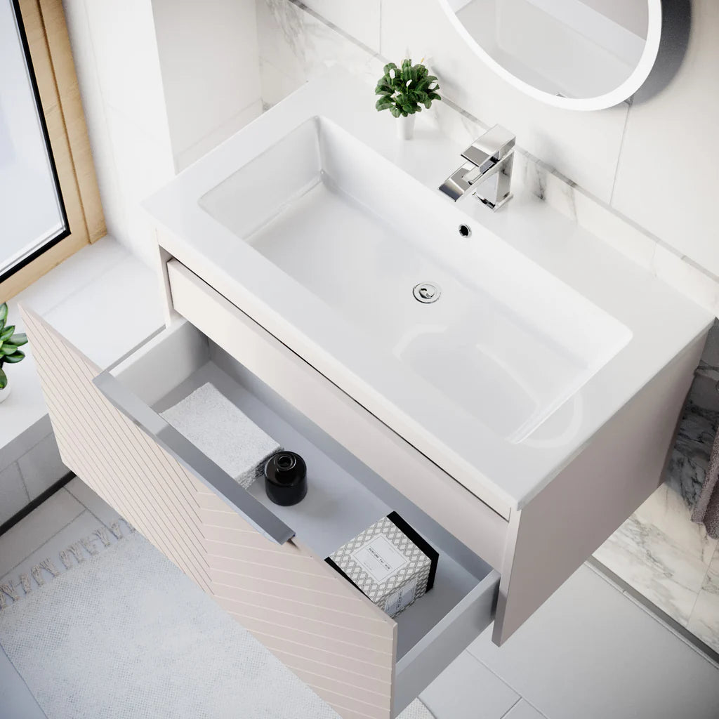 Roxy 800mm Wall Hung Pink Drawers Basin Vanity Chrome Handle
