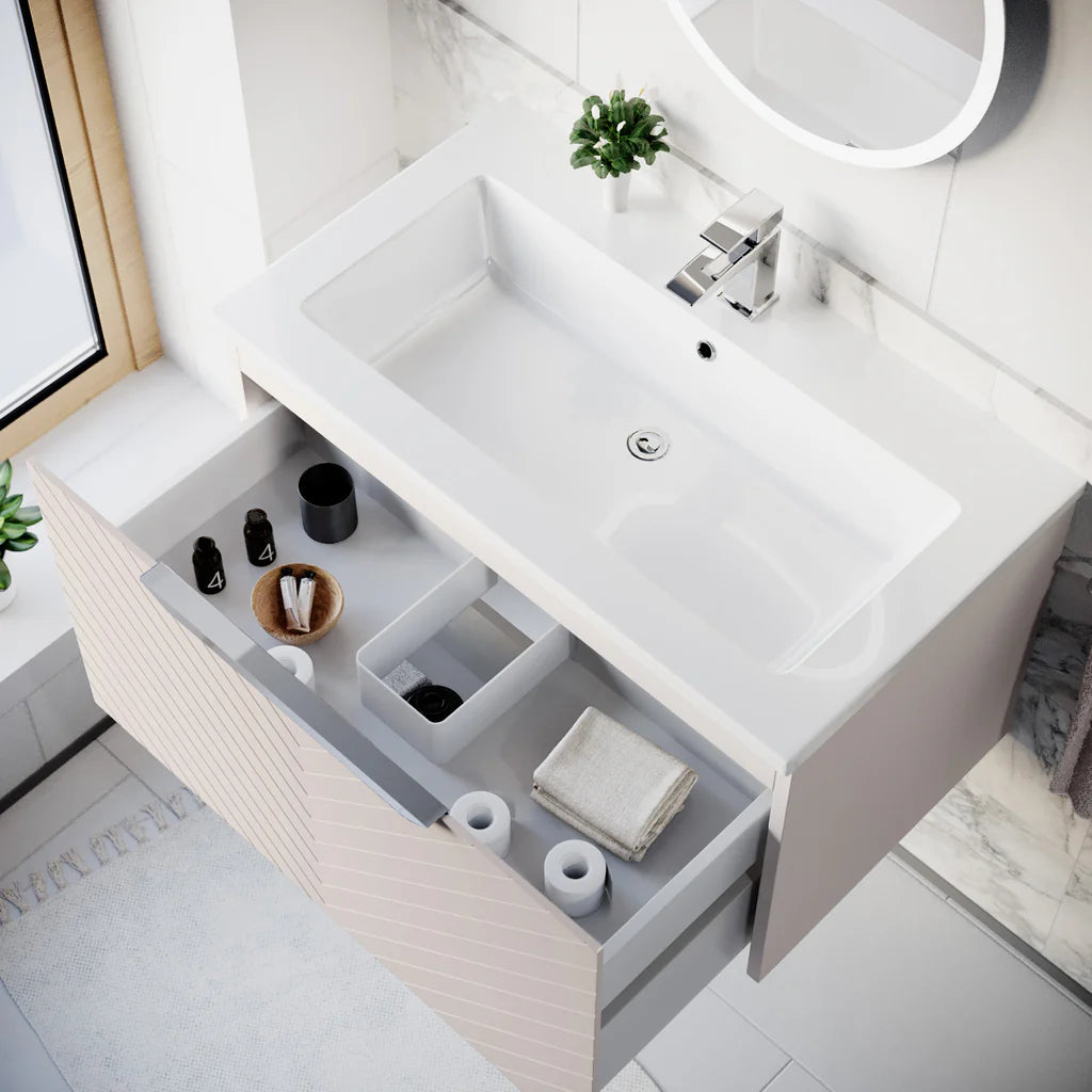 Roxy 800mm Wall Hung Pink Drawers Basin Vanity Chrome Handle