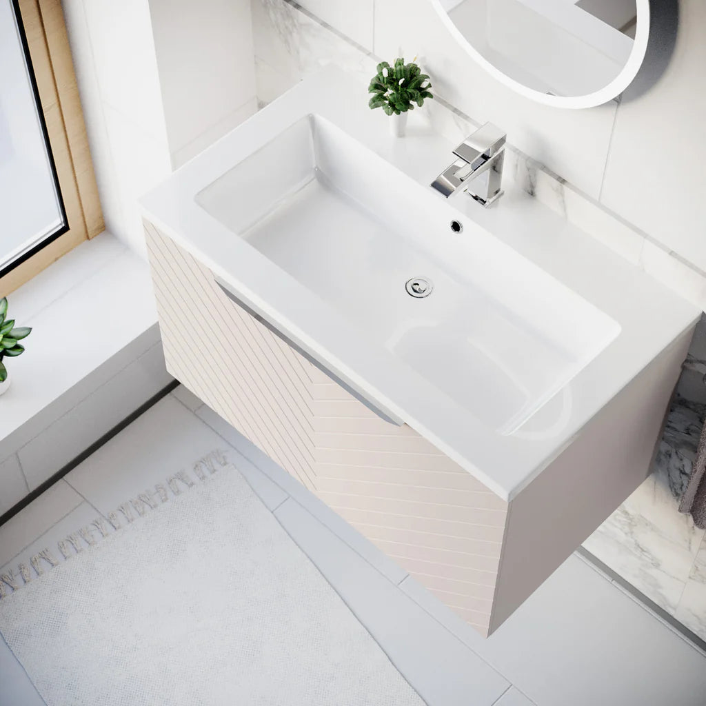 Roxy 800mm Wall Hung Pink Drawers Basin Vanity Chrome Handle