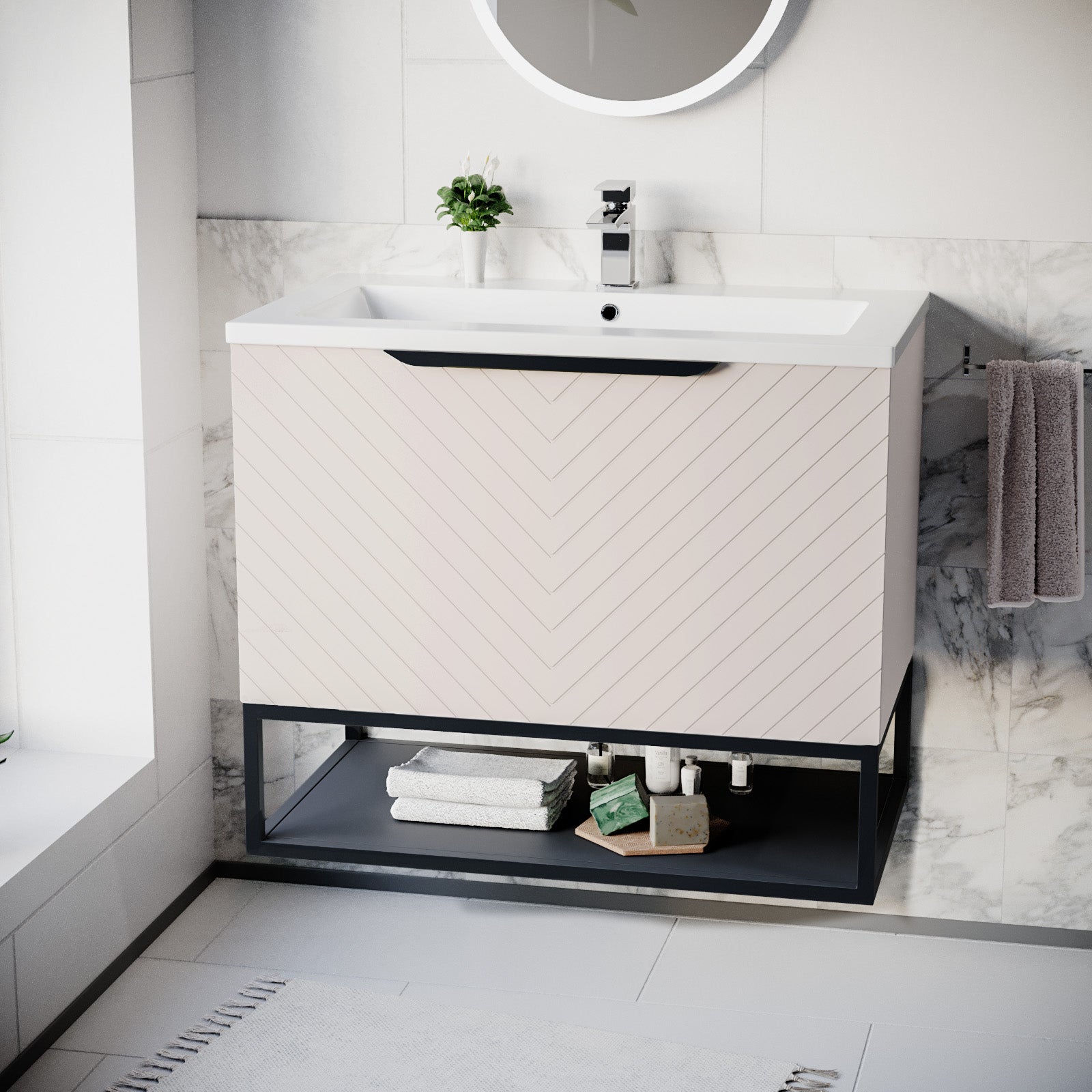 Roxy 800mm Wall Hung Pink Drawers Basin Vanity Black Frame & Handle