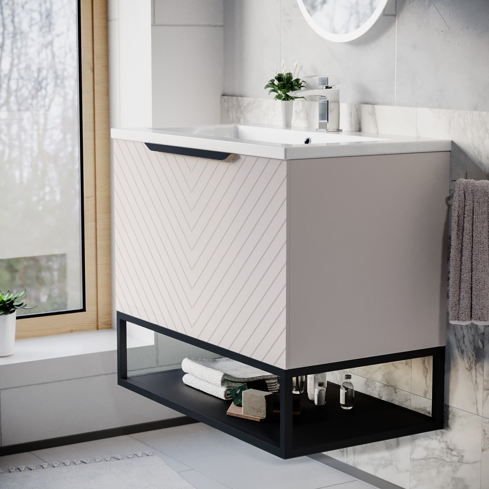 Roxy 800mm Wall Hung Pink Drawers Basin Vanity Black Frame & Handle