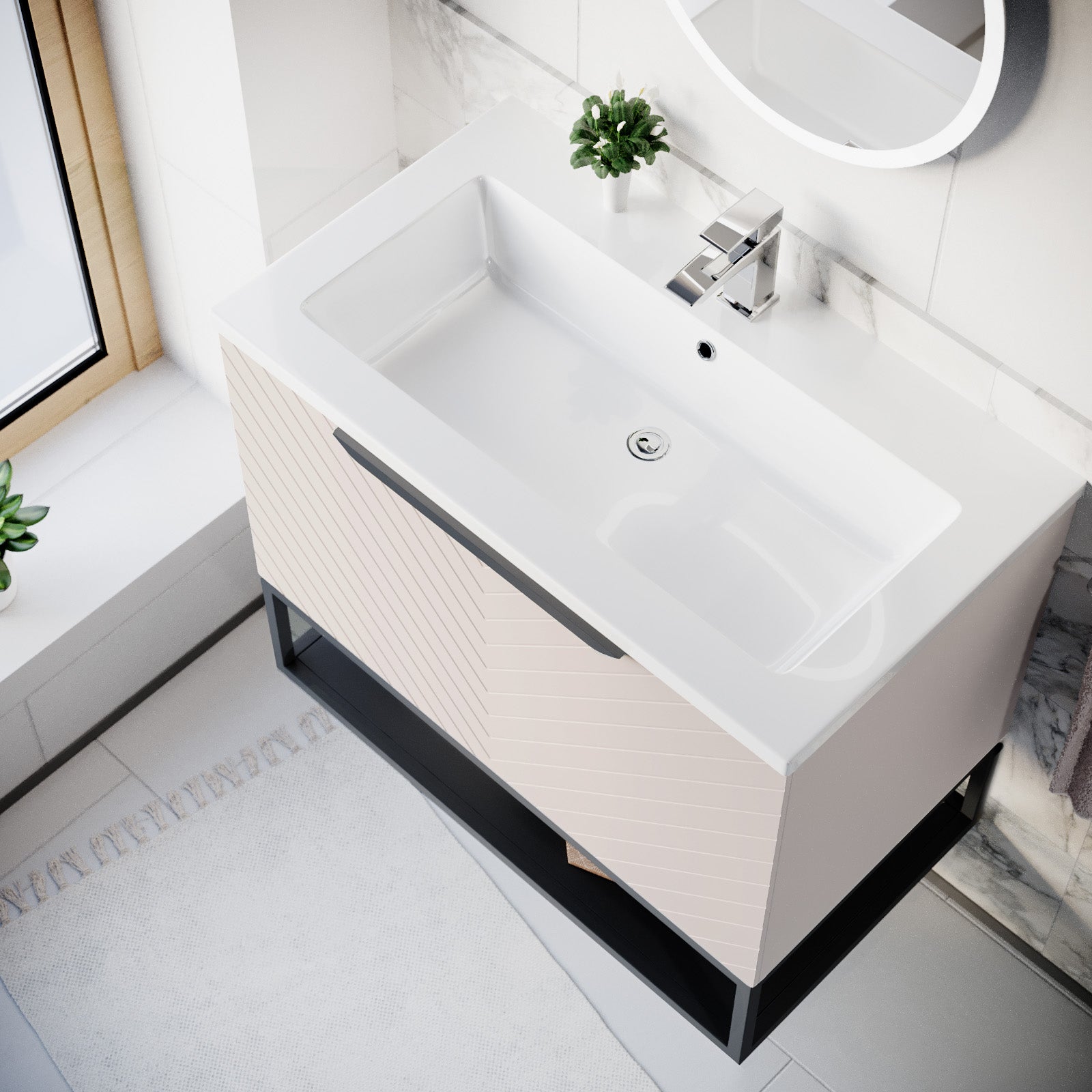 Roxy 800mm Wall Hung Pink Drawers Basin Vanity Black Frame & Handle