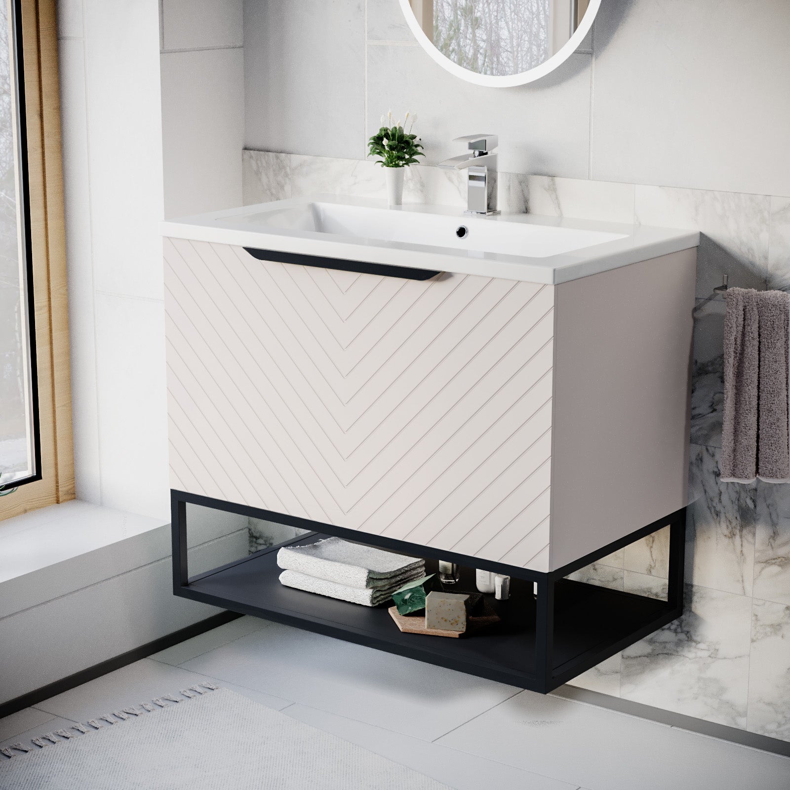 Roxy 800mm Wall Hung Pink Drawers Basin Vanity Black Frame & Handle