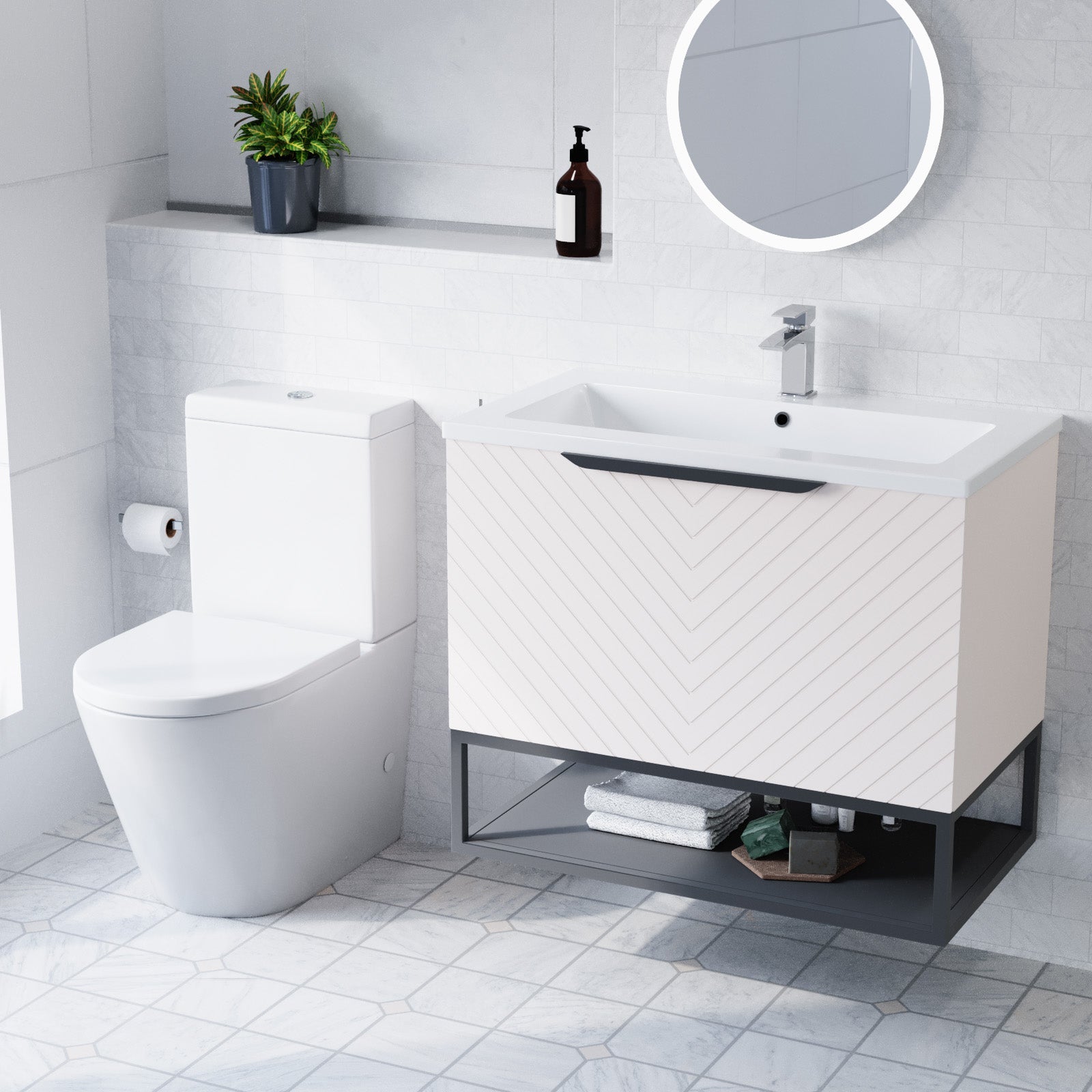Roxy  Pink 800mm Basin Vanity With Black Frame & Close Coupled Toilet