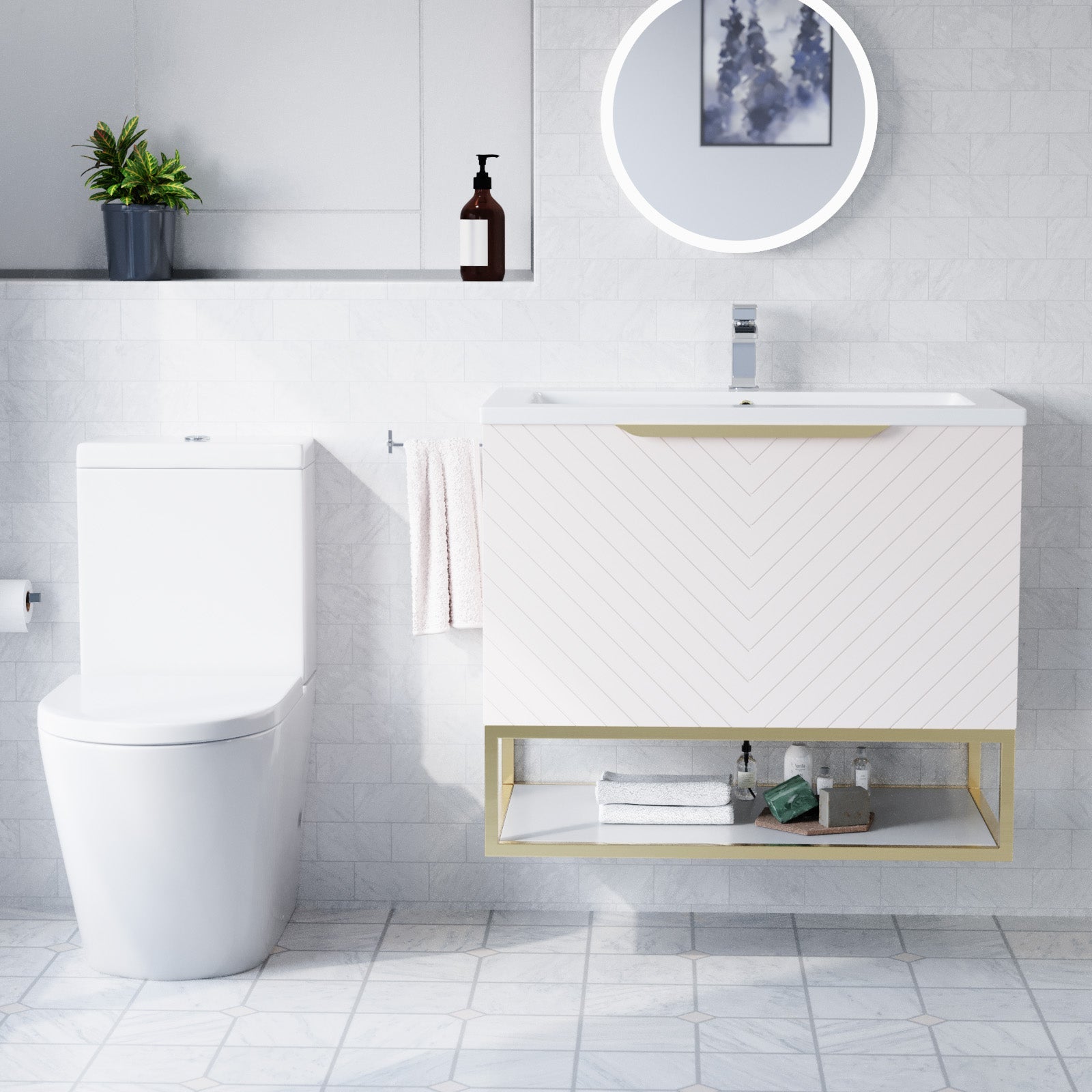Roxy Pink 800mm Basin Vanity With Brushed Brass Frame & Close Coupled Toilet