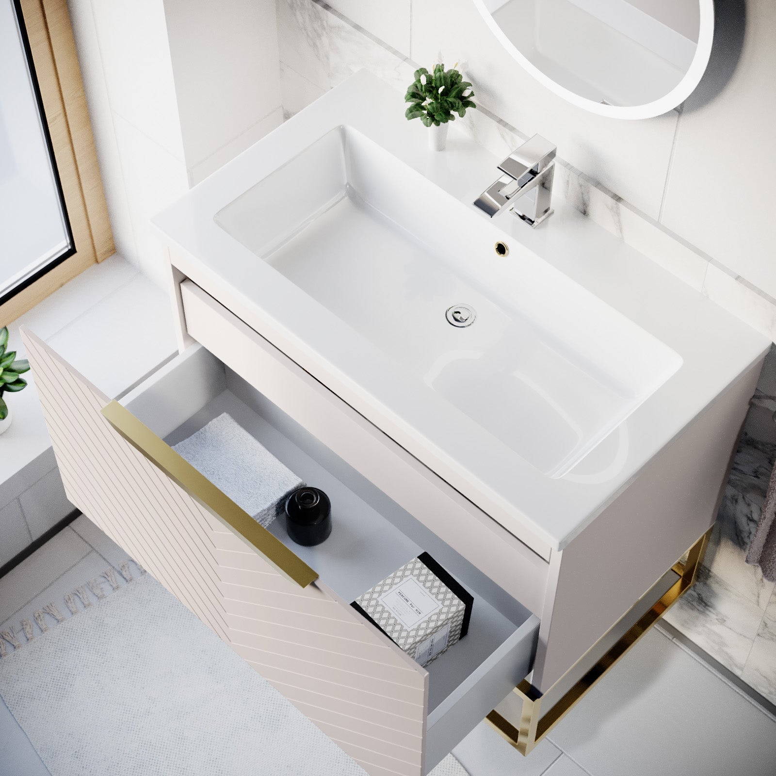 Roxy Pink 800mm Basin Vanity With Brushed Brass Frame & Close Coupled Toilet