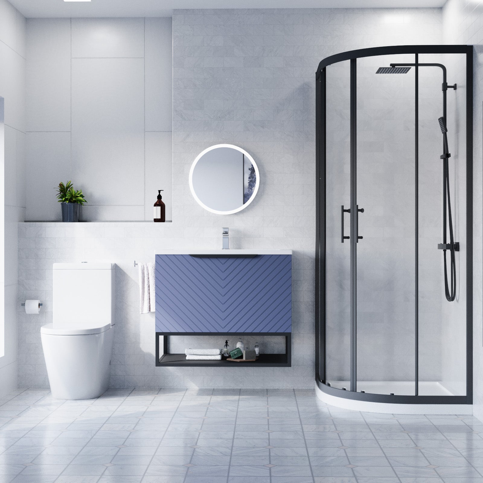 Roxy 800mm Basin Vanity With Black Quadrant Shower Enclosure & Toilet