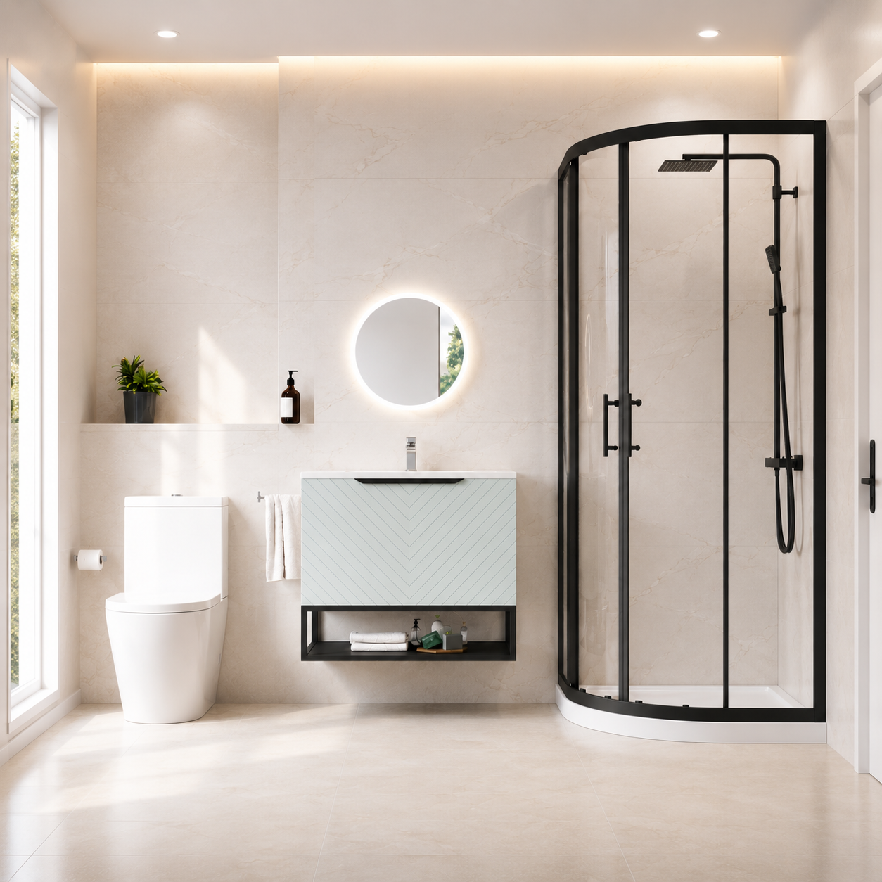 Roxy Green 800mm Basin Vanity With Black Quadrant Shower Enclosure & Toilet