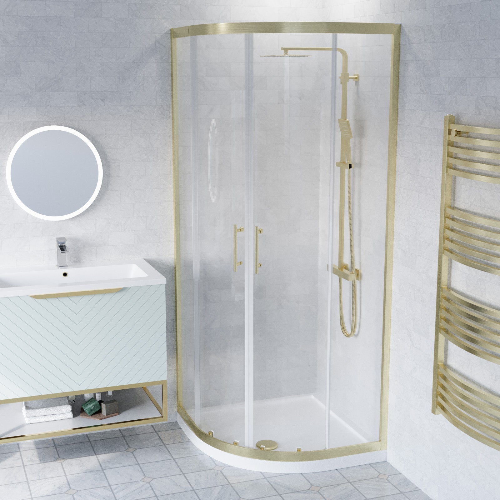 Roxy Green 800mm Basin Vanity, Brushed Brass Quadrant Shower & Toilet