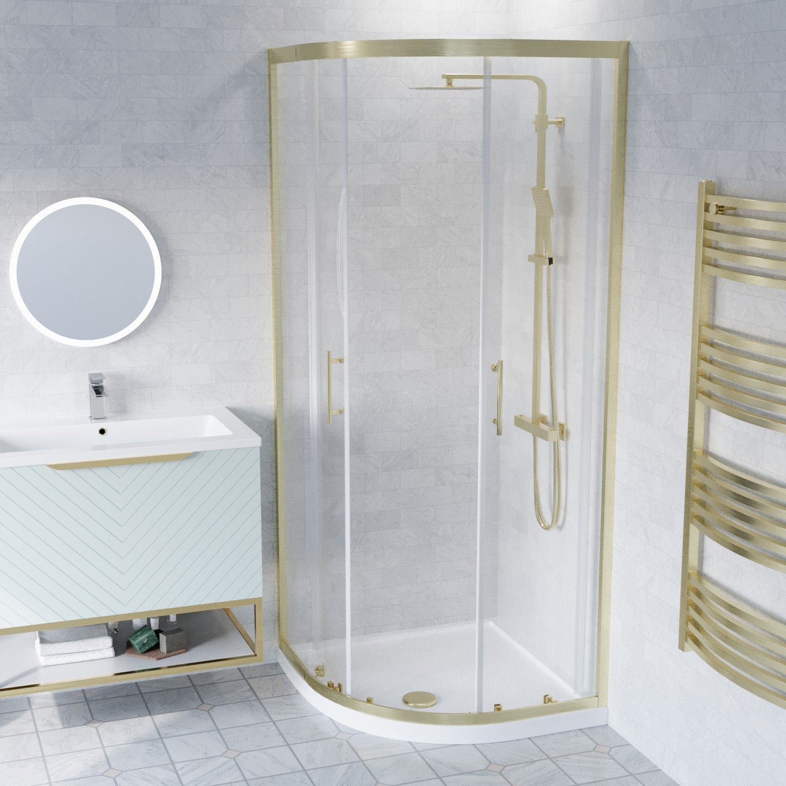 Roxy Green 800mm Basin Vanity, Brushed Brass Quadrant Shower & Toilet