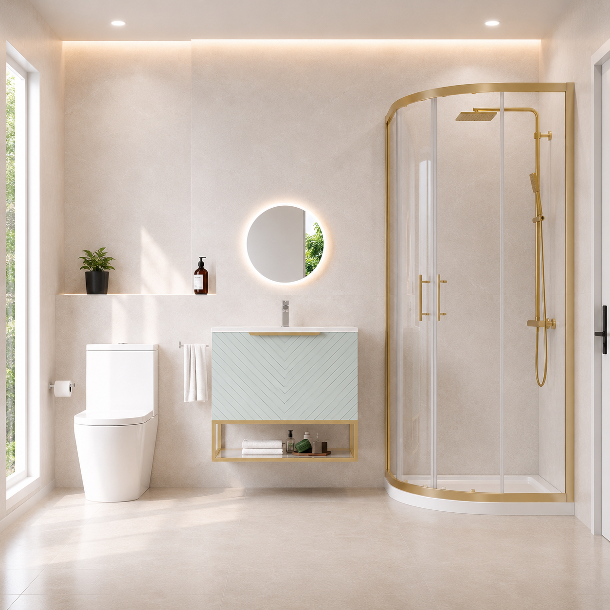 Roxy Green 800mm Basin Vanity, Brushed Brass Quadrant Shower & Toilet