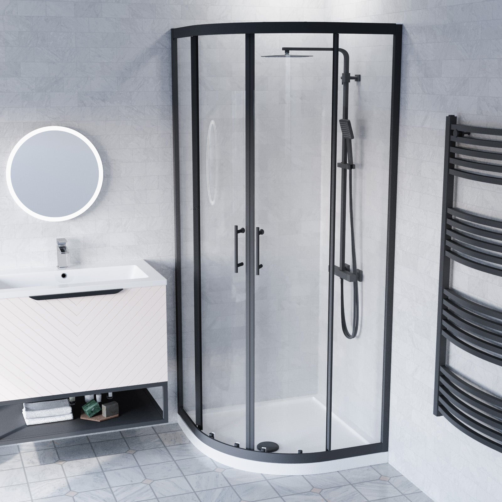 Roxy Pink 800mm Basin Vanity With Black Quadrant Shower Enclosure & Toilet