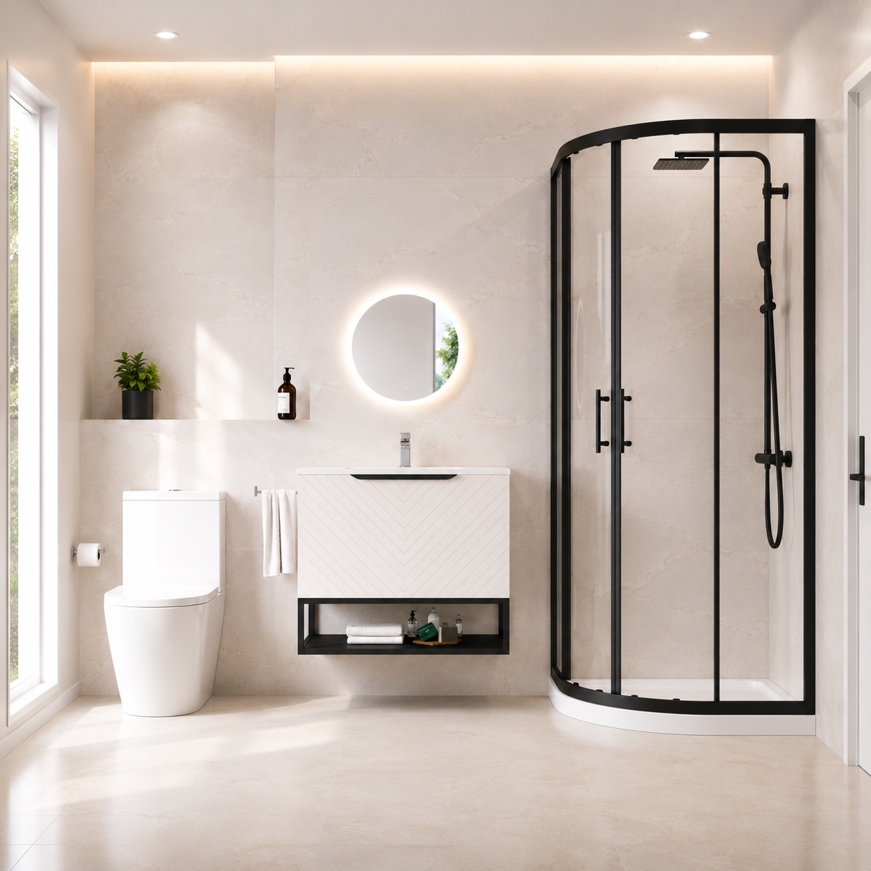 Roxy Pink 800mm Basin Vanity With Black Quadrant Shower Enclosure & Toilet