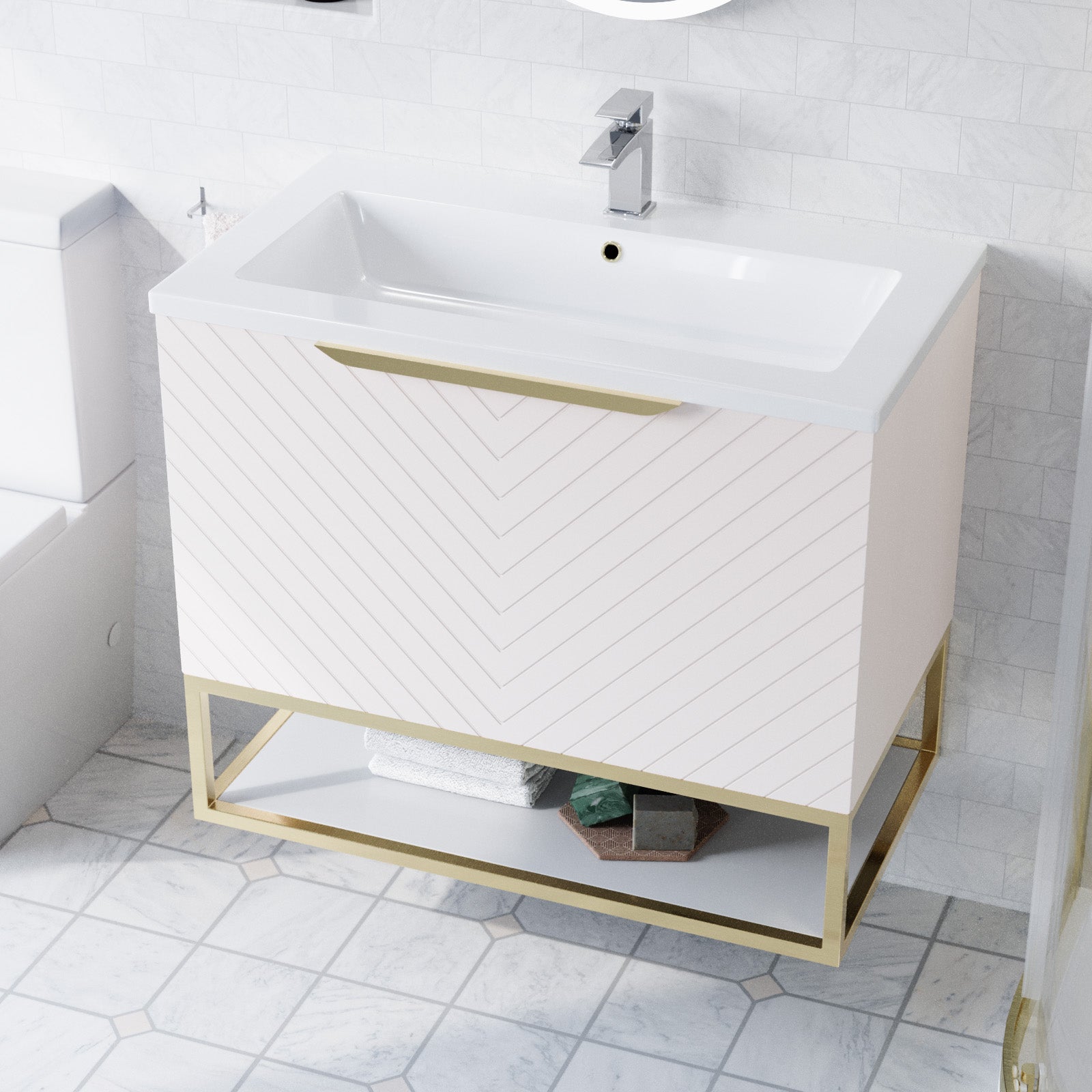 Roxy Pink 800mm Basin Vanity, Brushed Brass Quadrant Shower & Toilet